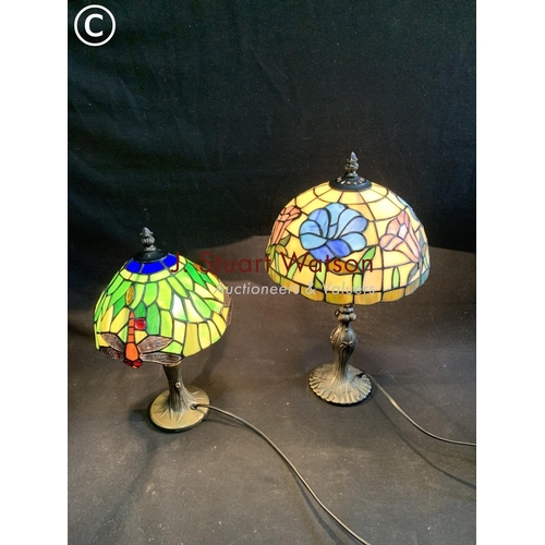 574 - Small dragonfly Tiffany lamp, height 34cms and 1 other, height 43cms, no damage