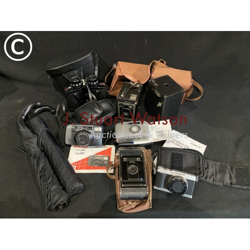 597 - Boots Ascot binocs, 2 box cameras, 4 other cameras and 2 umbrellas