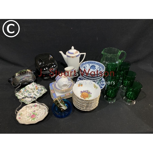 605 - Cat cookie jar, coffee set, green glassware and other china