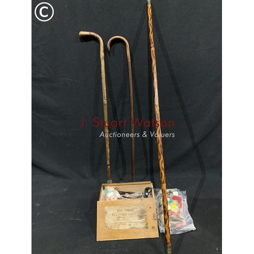 607 - 2 walking sticks and cane and wooden box with fly tying materials