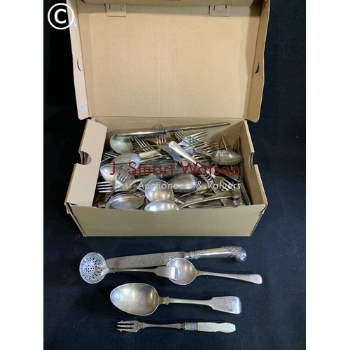 635 - Box of assorted silver plated cutlery, approx 6.5kg