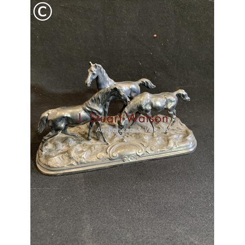 636 - Spelter 3 horse figure, length of base 20cms, height 12cms