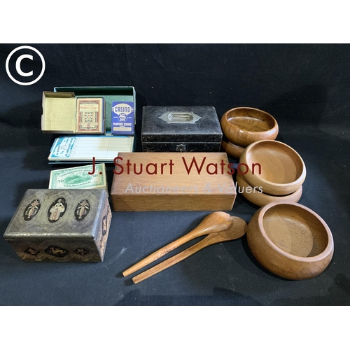 643 - Woodenware, vintage tin, jewellery box and playing cards