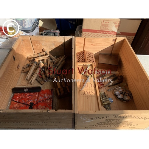 647 - 2 wooden wine boxes, dolly pegs, whistle and sundries