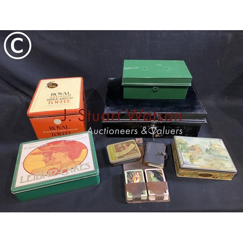 660 - Metal deed box and cash tin, Sharp's tin and 3 other vintage tins and playing cards