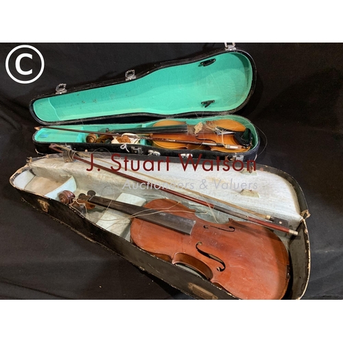 679 - 2 cased violins and bows a/f