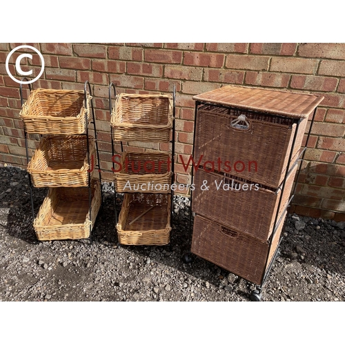 68 - A pair of wicker basket veg racks and a chest of three drawers