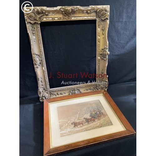 708 - Coloured print of winter coaching scene and antique gilt frame a/f 61 x 73