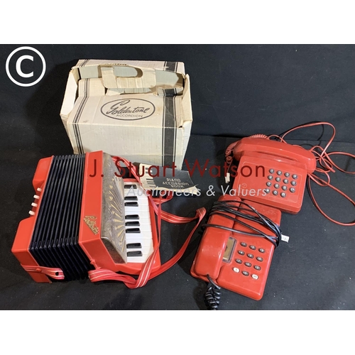 746 - Goldentone toy accordion and two red telephones