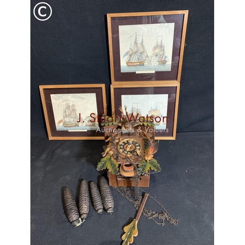 756 - Cuckoo clock with four weights and three shipping prints