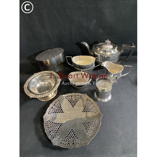 761 - Silver Plated Three Piece Tea Set, oval Biscuit Box, Sugar Basin, Bon Bon Dish, Cake Plate & Tankard