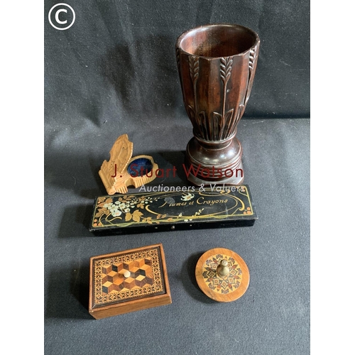 764 - Small Tunbridge Ware Geometric Box, Tunbridge Ware stand, lacquer pen box, treen vase and carved wat... 