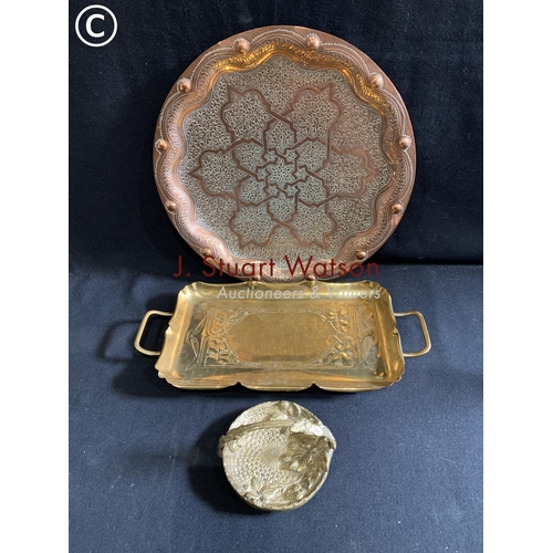 768 - French Brass Art Nouveau Tray, Indian Copper circular tray, small bronze basket with blackberry deco... 