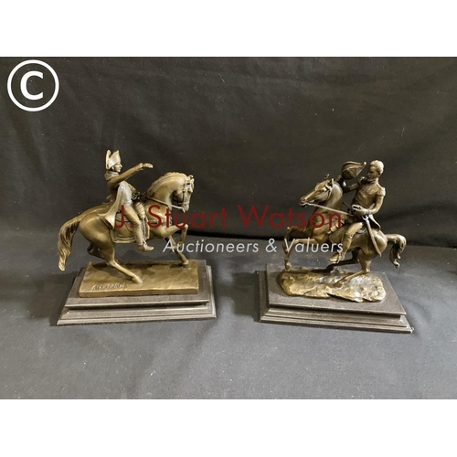 783 - Two signed bronze military figures on horseback both on marble bases, length of base 22 cms height 2... 