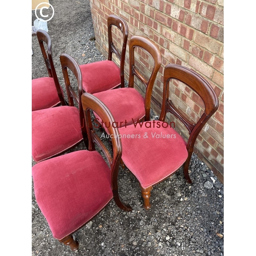 79 - A set of six Victorian mahogany balloon back chairs with red upholstered seats