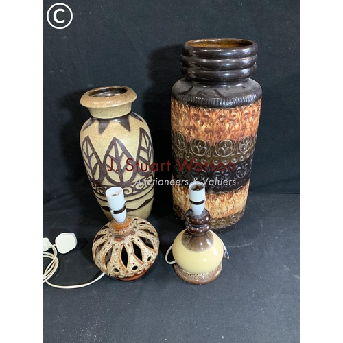 803 - Two West German pottery vases tallest 48 cms and two pottery table lamps