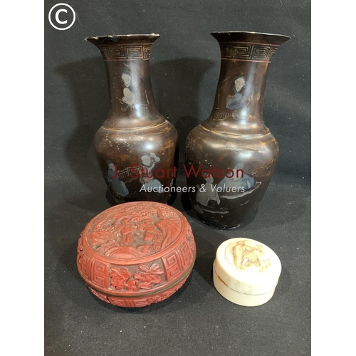 818 - Cinnabar box and lid diameter 12 cms, pair of lacquer vases height 24 cms and carved elephant box