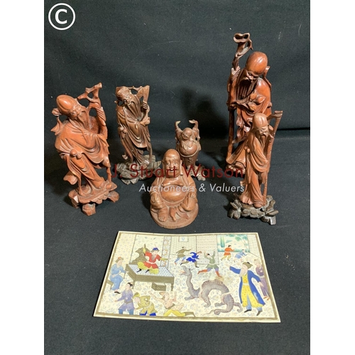 821 - Six Oriental carved hardwood figures, tallest 25 cms, and painted panel 20 x 13 cms