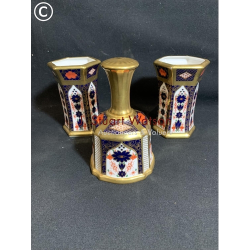 828 - Crown Derby Imari bell height 13 cms and pair of Crown Derby hexagonal vases