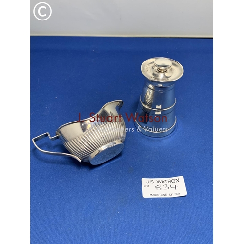 834 - Small Hallmarked Silver Cream Jug 1.44 ozt and Hallmarked Silver Pepper pot 3.47 ozt gross