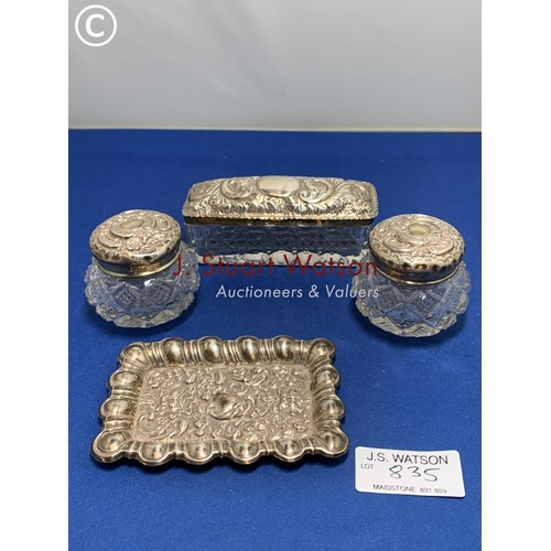 835 - Three Hallmarked Silver topped cut glass dressing table jars and Hallmarked Silver pin tray, total S... 