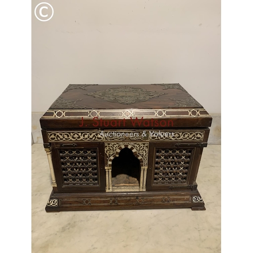 838 - Eastern Walnut table cabinet with brass mounts and bone inlay panels 44 x 30 x 29 cms fitted with sm... 