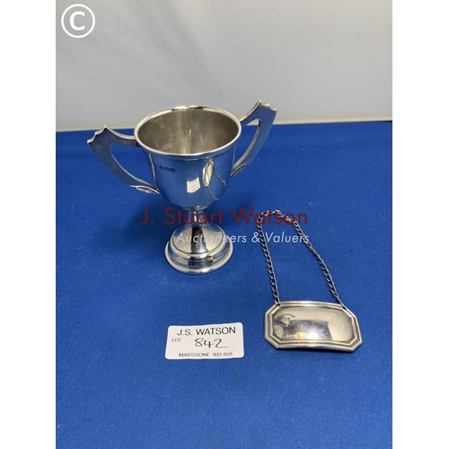 842 - Small Hallmarked Silver trophy height 10 cms and blank Silver wine label total gross weight 2.4 ozt