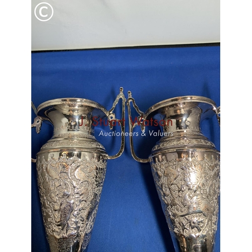 859 - Impressive pair of Indian Silver two handled vases each height 29 cms, total weight 27.5 ozt.