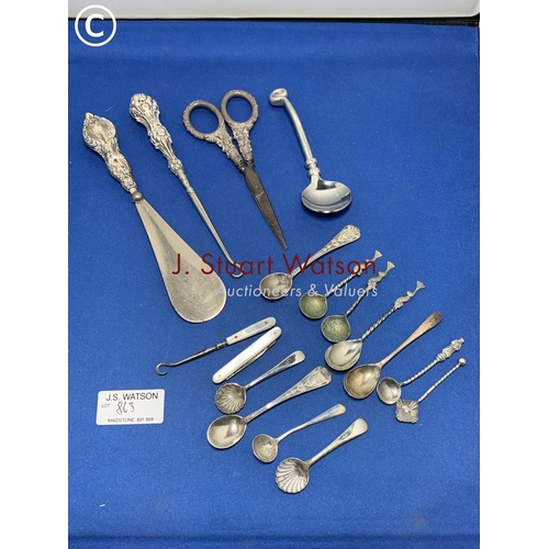 863 - Three Silver handled dressing table items and various condiment spoons