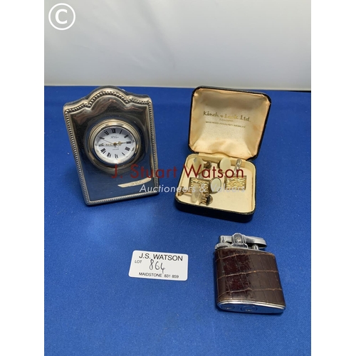 864 - Modern Hallmarked Miniature Silver Clock, Ronson lighter and cufflinks