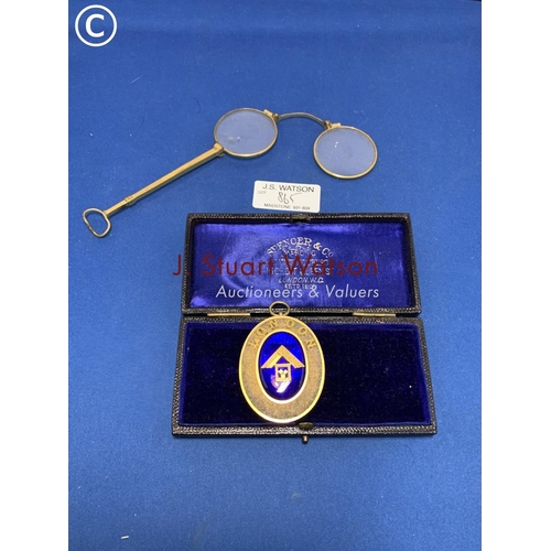 865 - Cased Silver Gilt and enamel lodge medal .91 ozt and Victorian Lorgnette