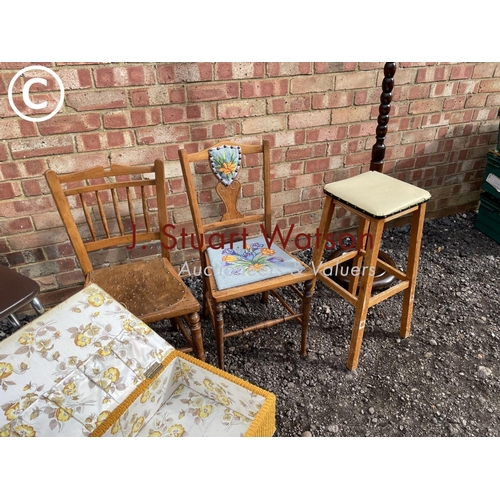 88 - Two Edwardian chairs, stool, lamp and retro sewing box