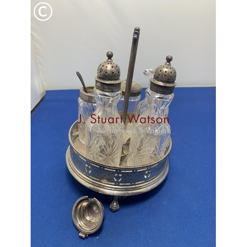 887 - Five bottle cruet with three Hallmarked Silver tops on Hallmarked Silver base a/f, weight of Silver ... 