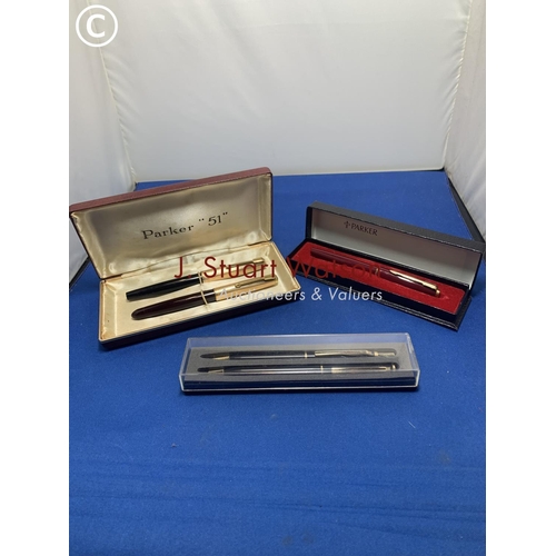 890 - Three boxed Parker fountain pens, and pen and pencil set