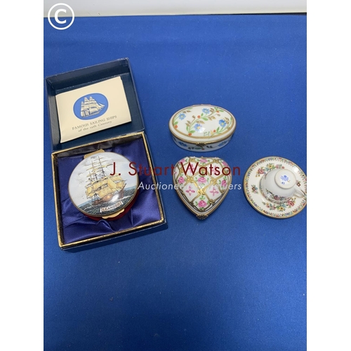 897 - Two Limoges boxes, Coalport cup and saucer and Crummels English enamel sailing ship box