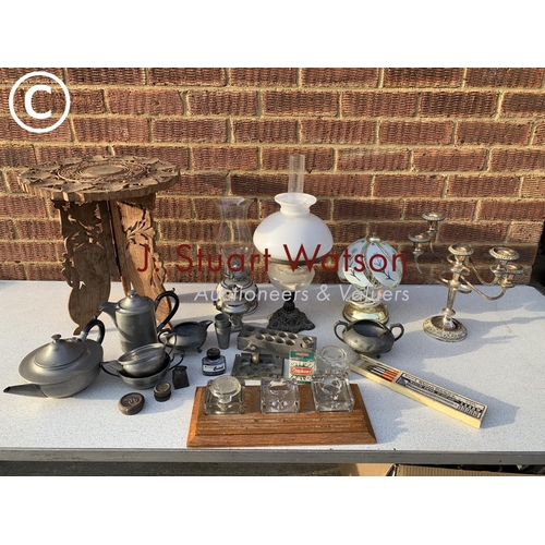 906 - Oil lamps, ink stand, carved table and metalware (2)