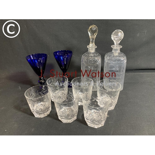 945 - Pair of Bristol Blue goblets, two Cut glass decanters and set of six whisky tumblers