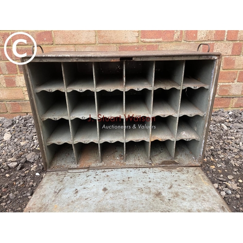 100 - A vintage metal box fitted with pigeon hole sections 60cm wide 30cm deep 40 cm high