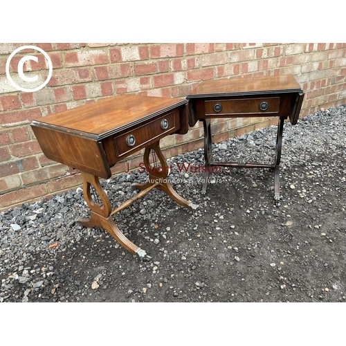 112 - A pair of reproduction mahogany single drawer side tables