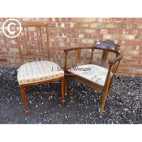 158 - An Edwardian inlaid bow back salon chair together with another chair