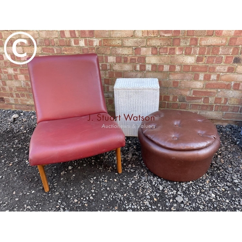 175 - A teak framed vinyl chair together with retro pouffe and loom box