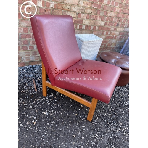 175 - A teak framed vinyl chair together with retro pouffe and loom box