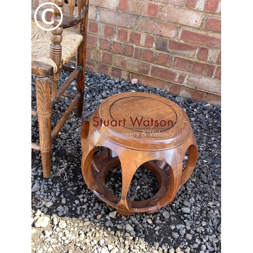 188 - Hardwood stool, oak carver chair and a standard lamp