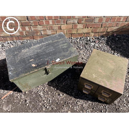 242 - Green ammo box together with bank of four metal filing drawers