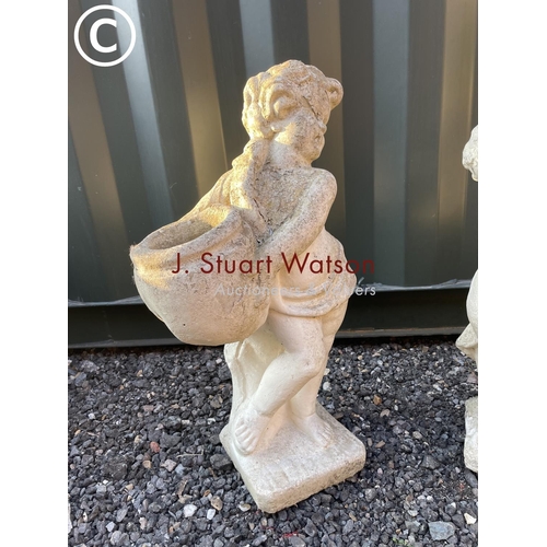 342 - Two cast concrete cherub statues, one holding a urn for planting (Larger 70cm)