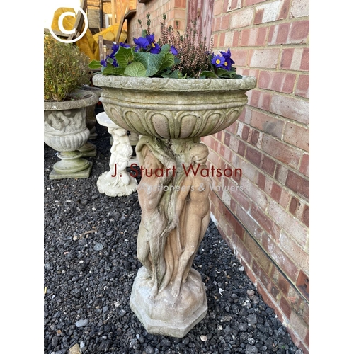 358 - An ornate cast concrete sculptural urn decorated with three ladies and planted with primrose 85 high