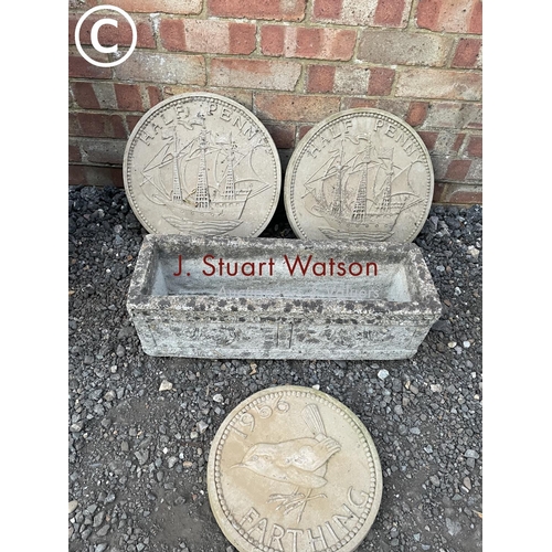 384 - Planter and thre concrete coin stepping stones