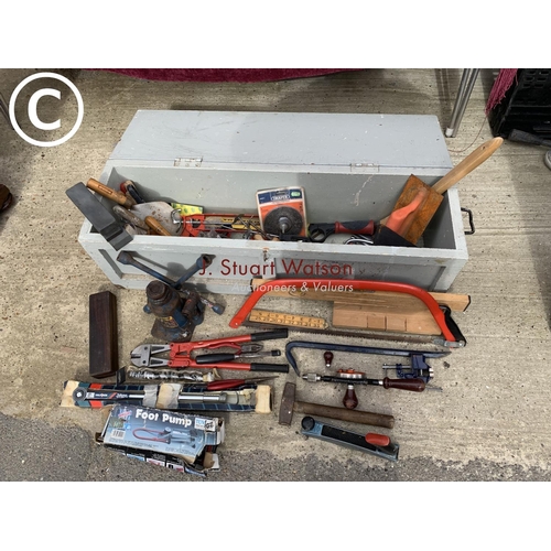 408 - Long wooden tool box and assorted tools