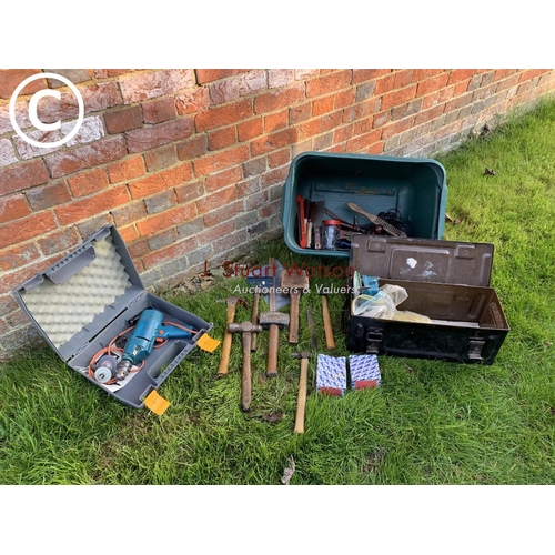 499b - Electric drill, sander attachment, ammo Box, Stanley handy man plane, brass and Aluminium door and w... 