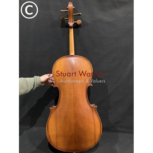 537 - Cello labelled made in Romania, length of back 28